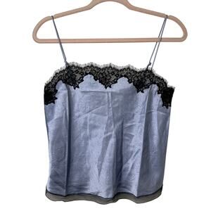 XS J Crew Crinkle Satin Lace Trim Cami Blue Black Lace Romantic Coquette Y2K Eco